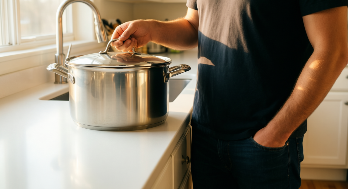 bezia 12 quart nonstick stock pot — lifestyle photo showing BEZIA 12 Quart Nonstick in use