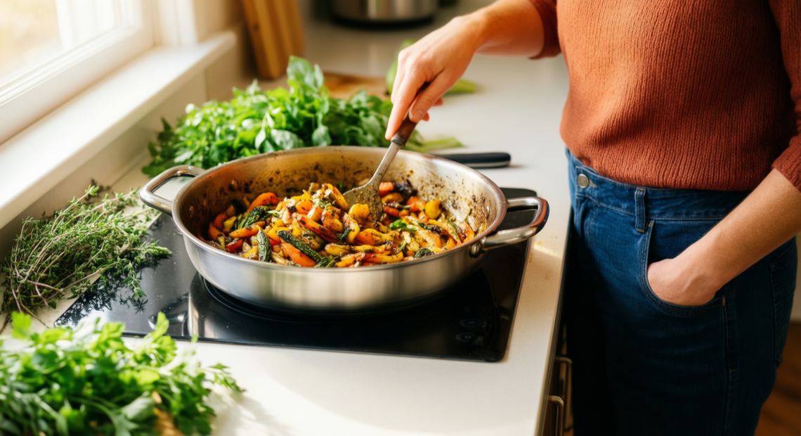 stainless steel casserole pan — lifestyle photo showing Stellar Profile 18cm Casserole in use