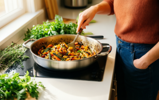 stainless steel casserole pan — lifestyle photo showing Stellar Profile 18cm Casserole in use