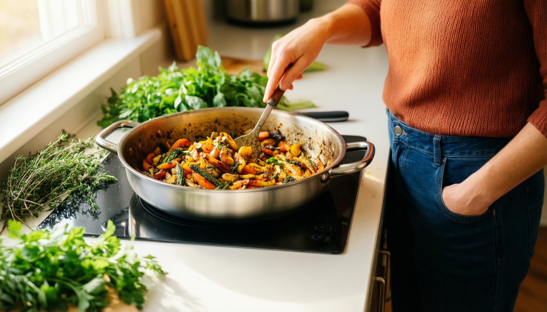 stainless steel casserole pan — lifestyle photo showing Stellar Profile 18cm Casserole in use