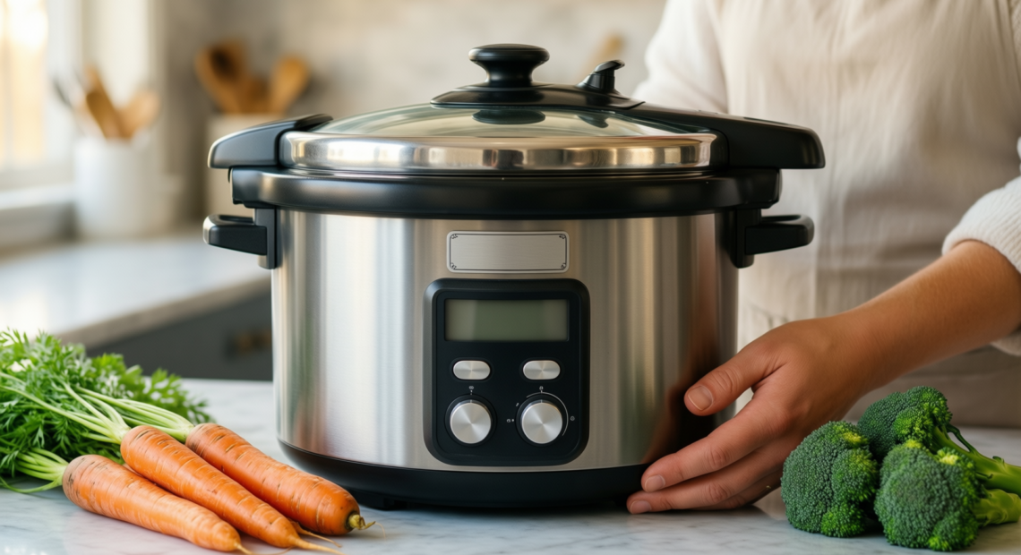 tower t920003 one-touch ultima pressure cooker — lifestyle photo showing Tower T920003 One-Touch Ultima in use