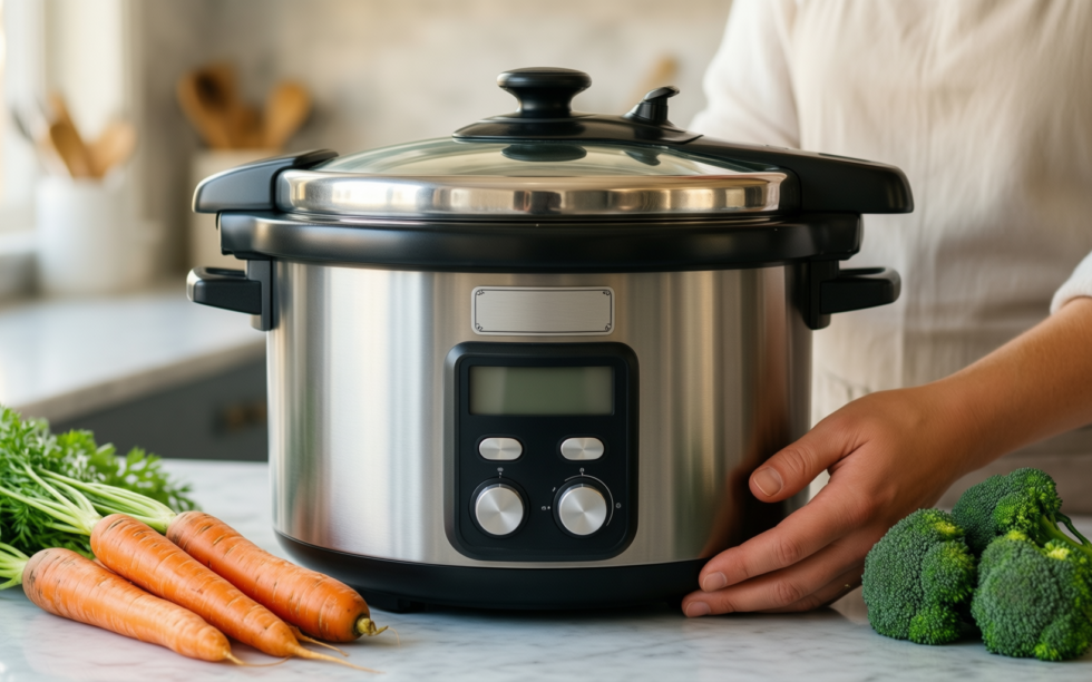 tower t920003 one-touch ultima pressure cooker — lifestyle photo showing Tower T920003 One-Touch Ultima in use