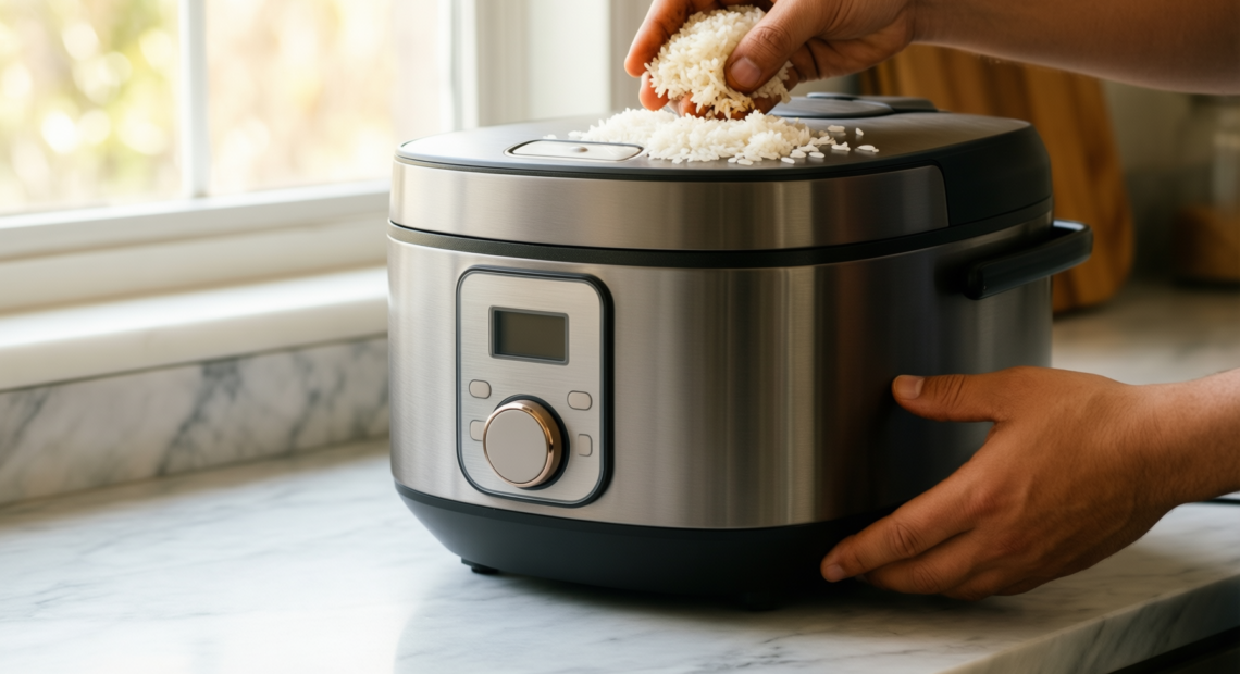 status santa clara rice cooker — lifestyle photo showing STATUS Santa Clara Rice in use
