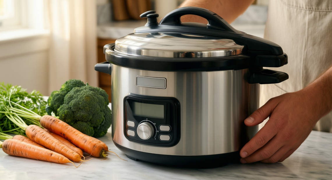 kuhn rikon pressure cooker 8l — lifestyle photo showing Kuhn Rikon Pressure Cooker in use