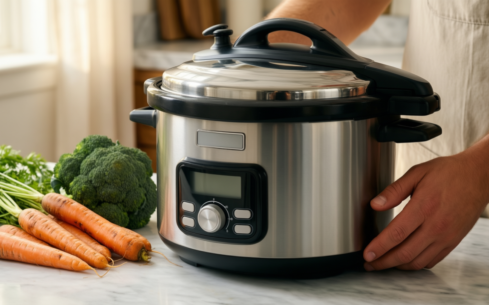 kuhn rikon pressure cooker 8l — lifestyle photo showing Kuhn Rikon Pressure Cooker in use