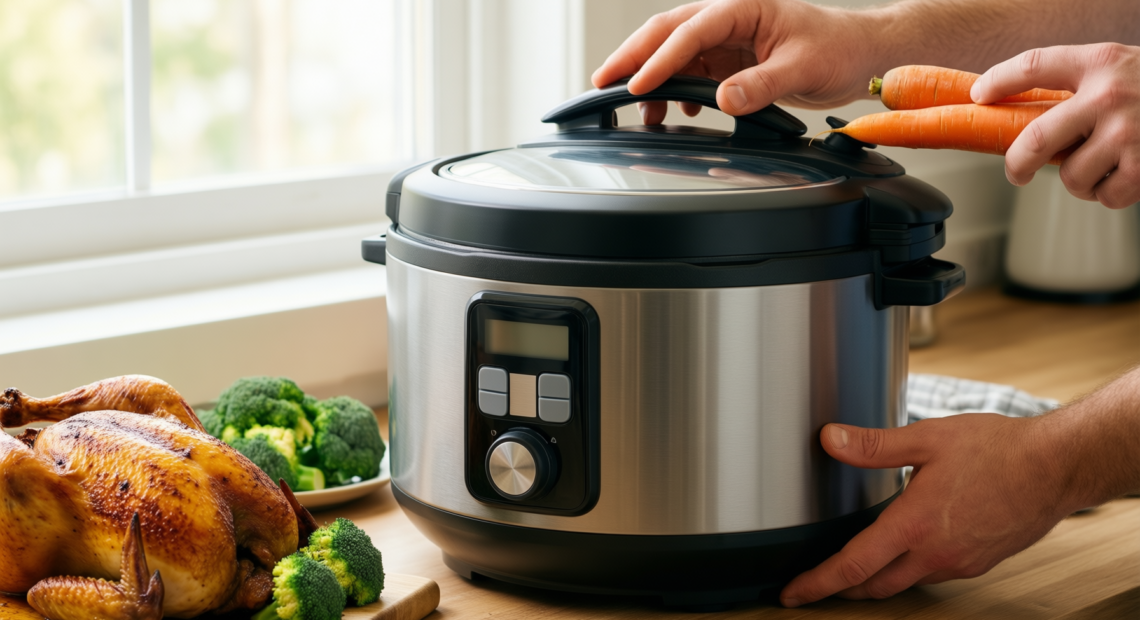 kuhn rikon pressure cooker 6l — lifestyle photo showing Kuhn Rikon Pressure Cooker in use