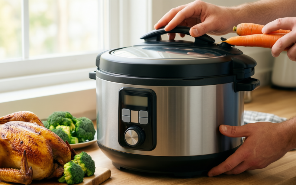 kuhn rikon pressure cooker 6l — lifestyle photo showing Kuhn Rikon Pressure Cooker in use