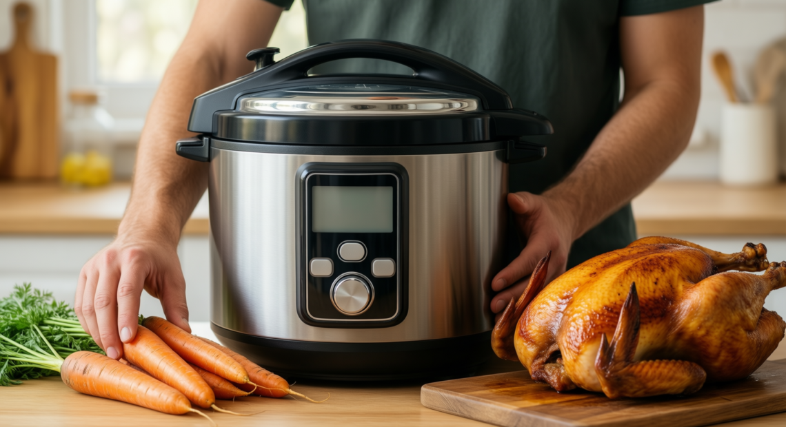 kuhn rikon pressure cooker 12l — lifestyle photo showing Kuhn Rikon Pressure Cooker in use