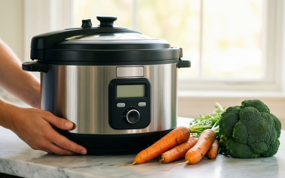 hawkings bigboy pressure cooker — lifestyle photo showing Hawkings Bigboy Aluminium Pressure in use