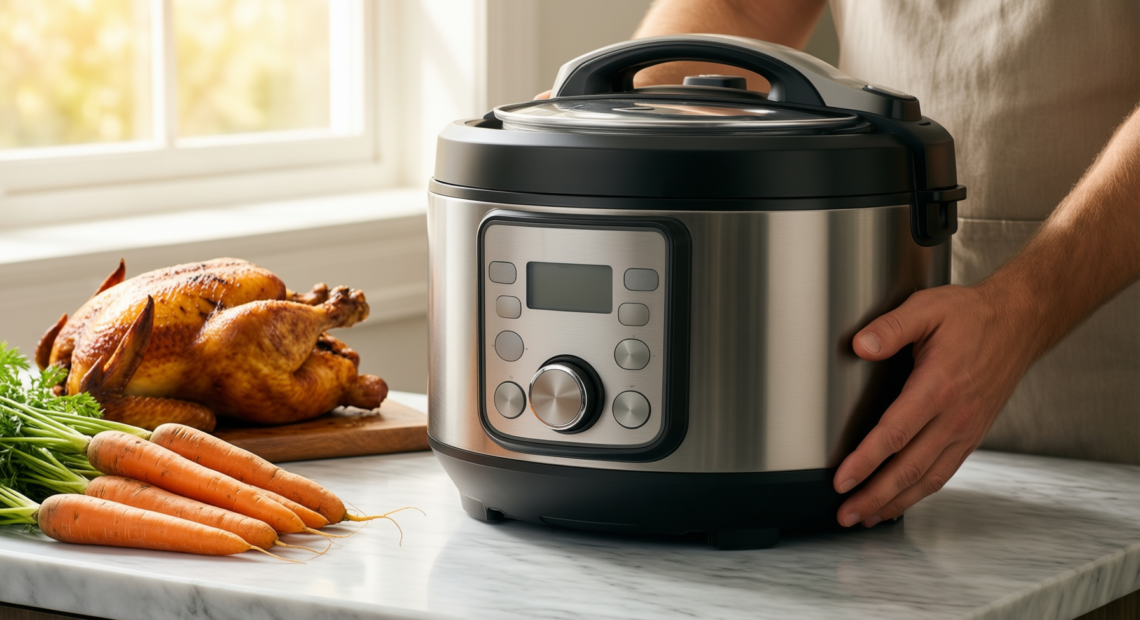 tefal turbo cuisine multicooker review — lifestyle photo showing Tefal CY7548 Turbo Cuisine in use