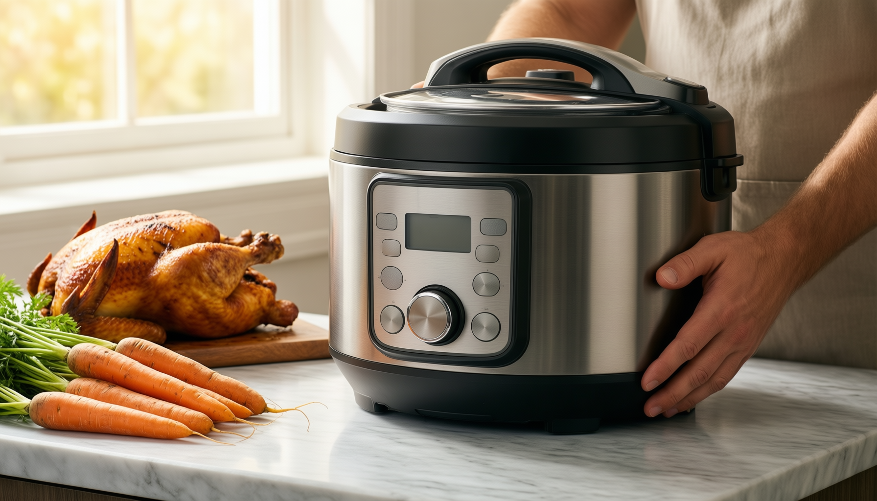 tefal turbo cuisine multicooker review — lifestyle photo showing Tefal CY7548 Turbo Cuisine in use