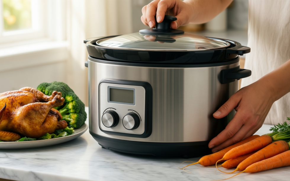 tower three pot slow cooker — lifestyle photo showing Tower Three Pot Slow in use