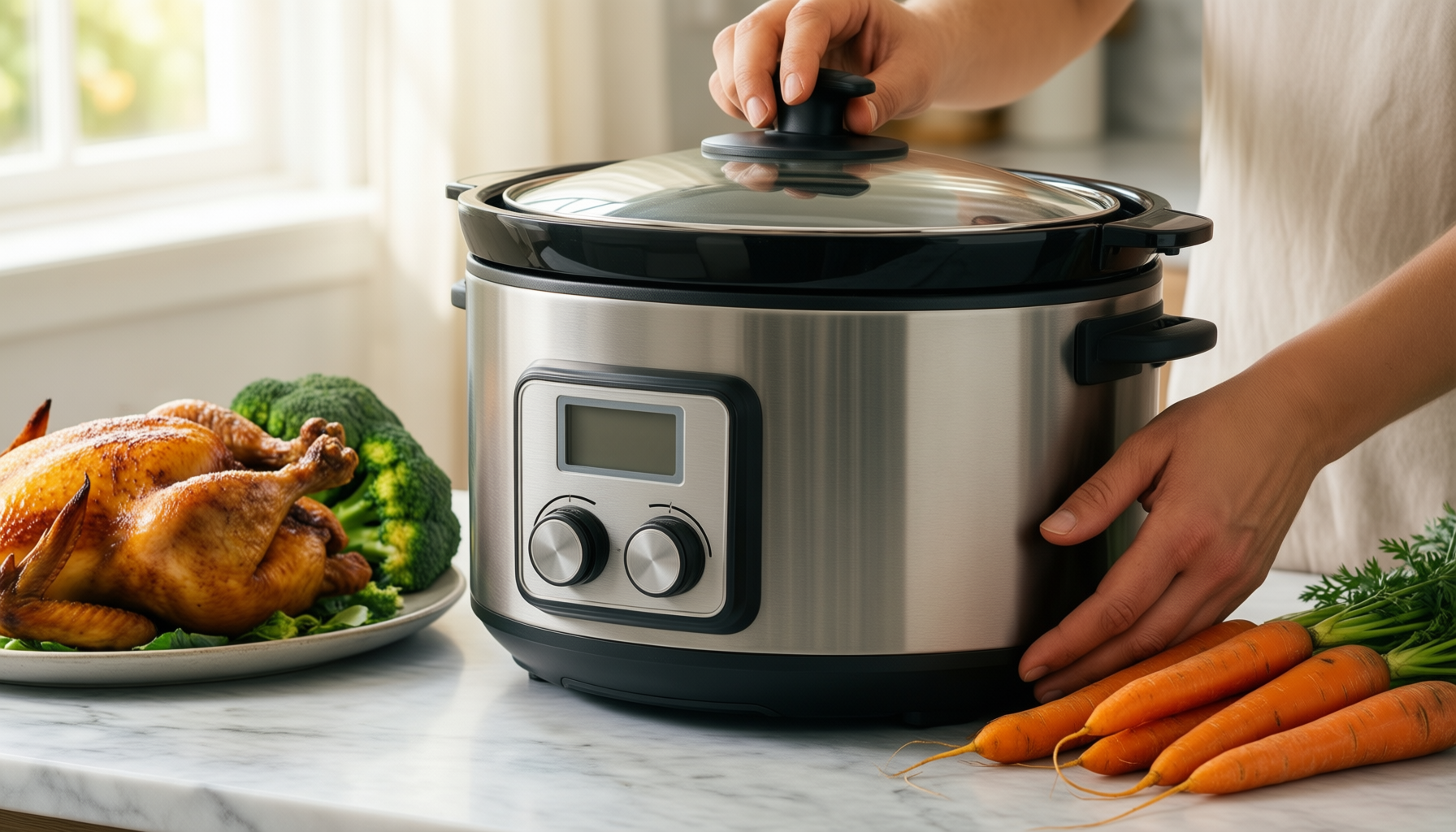 tower three pot slow cooker — lifestyle photo showing Tower Three Pot Slow in use