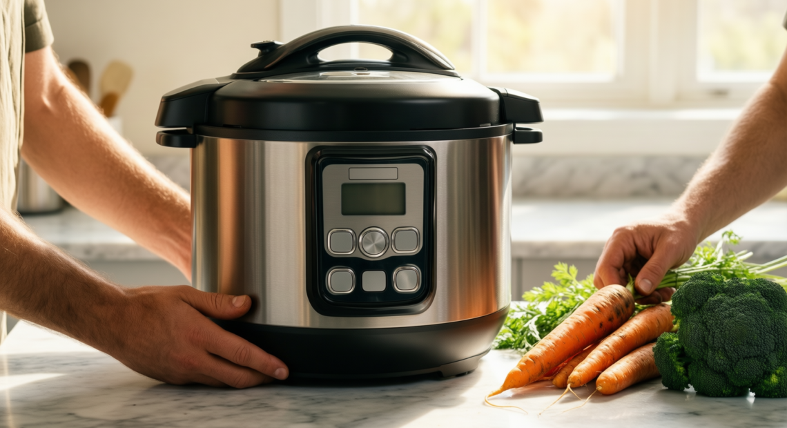 kuhn rikon pressure cooker 5l — lifestyle photo showing Kuhn Rikon Pressure Cooker in use