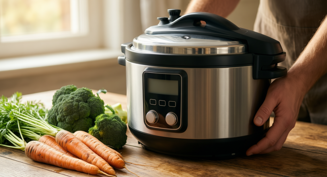 kuhn rikon pressure cooker 2.5l — lifestyle photo showing Kuhn Rikon Pressure Cooker in use