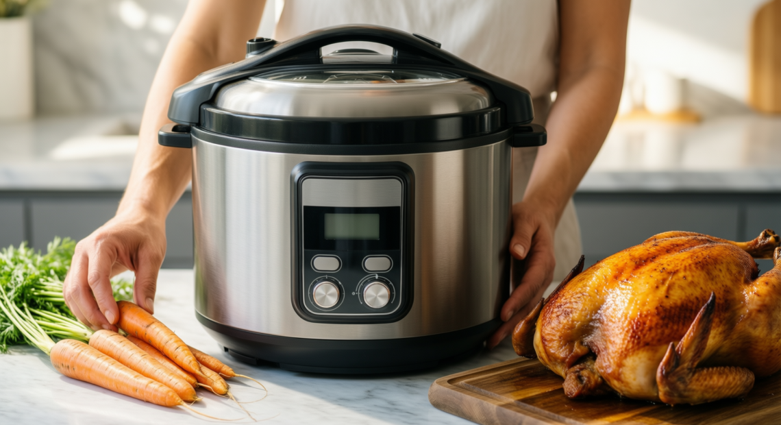 tefal secure trendy pressure cooker 4l — lifestyle photo showing Tefal Secure Trendy P2580400 in use