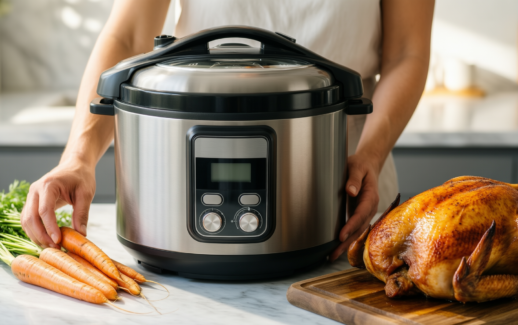 tefal secure trendy pressure cooker 4l — lifestyle photo showing Tefal Secure Trendy P2580400 in use