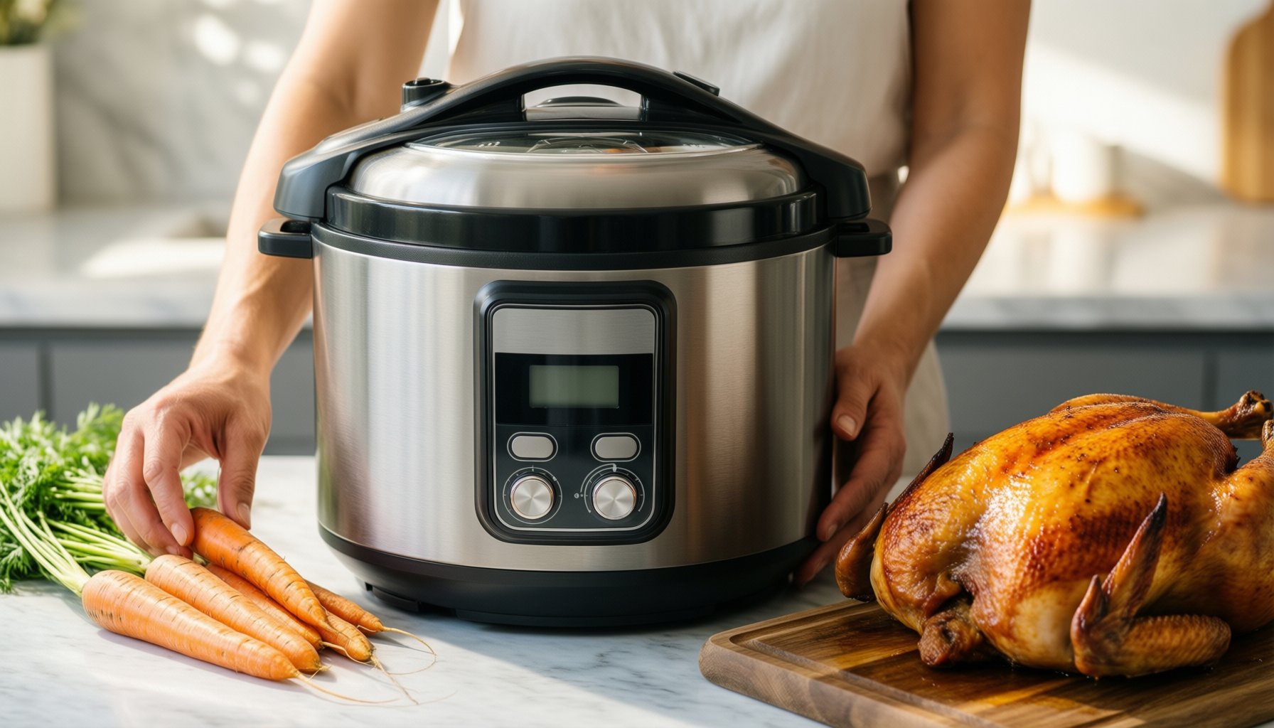 tefal secure trendy pressure cooker 4l — lifestyle photo showing Tefal Secure Trendy P2580400 in use