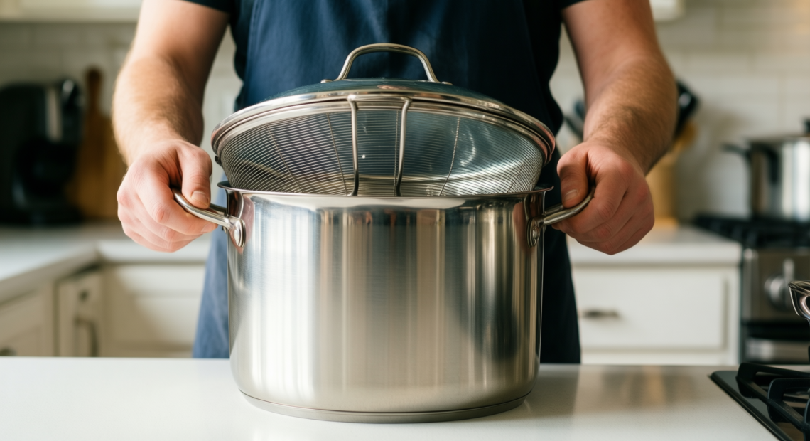 stainless steel pasta pot with strainer — lifestyle photo showing Cooler Kitchen Stainless Steel in use