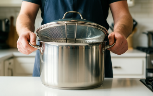 stainless steel pasta pot with strainer — lifestyle photo showing Cooler Kitchen Stainless Steel in use