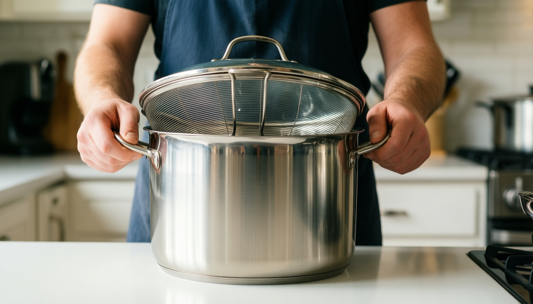 stainless steel pasta pot with strainer — lifestyle photo showing Cooler Kitchen Stainless Steel in use