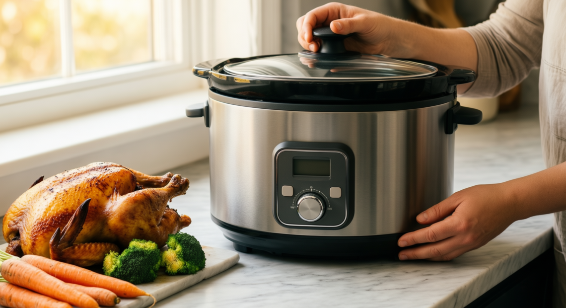 GreenLife Cook Duo 6 quart slow — lifestyle photo showing GreenLife Cook Duo 6 in use
