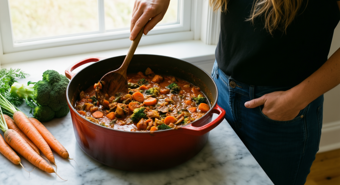 judge everyday casserole pot — lifestyle photo showing Judge Everyday 24cm Non-Stick in use
