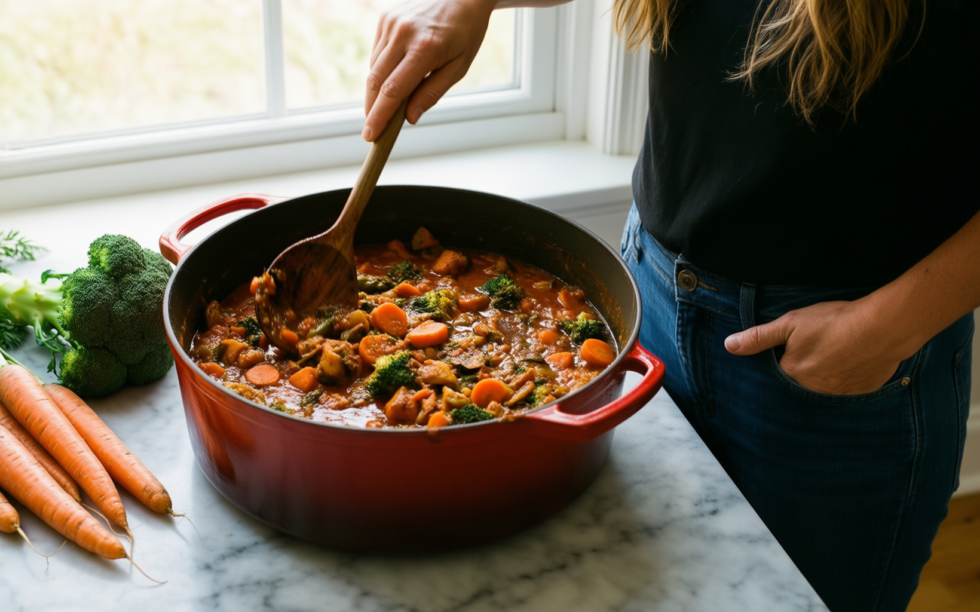 judge everyday casserole pot — lifestyle photo showing Judge Everyday 24cm Non-Stick in use
