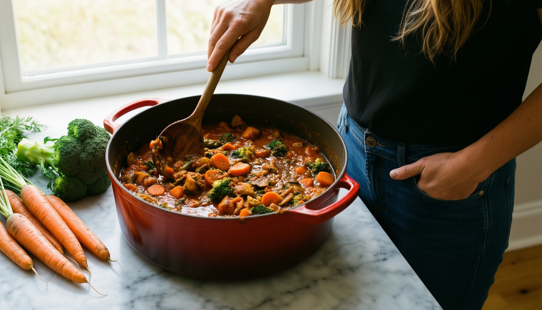 judge everyday casserole pot — lifestyle photo showing Judge Everyday 24cm Non-Stick in use
