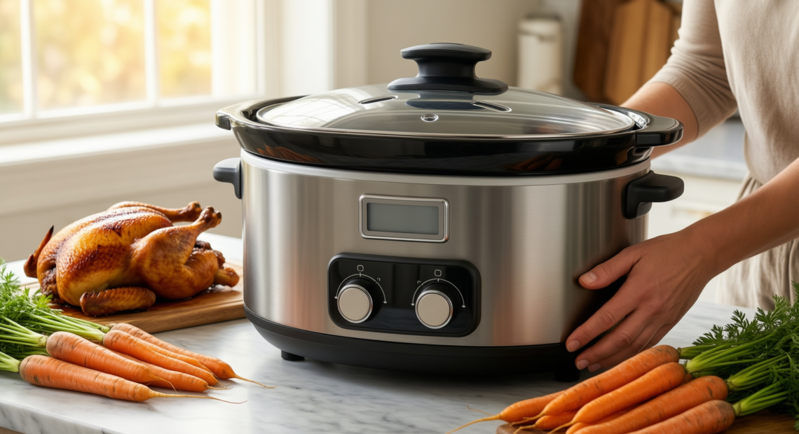 tower slow cooker 6.5 litre — lifestyle photo showing Tower Slow Cooker with in use