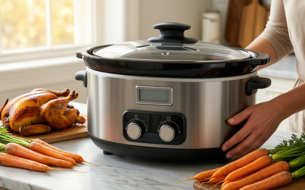 tower slow cooker 6.5 litre — lifestyle photo showing Tower Slow Cooker with in use