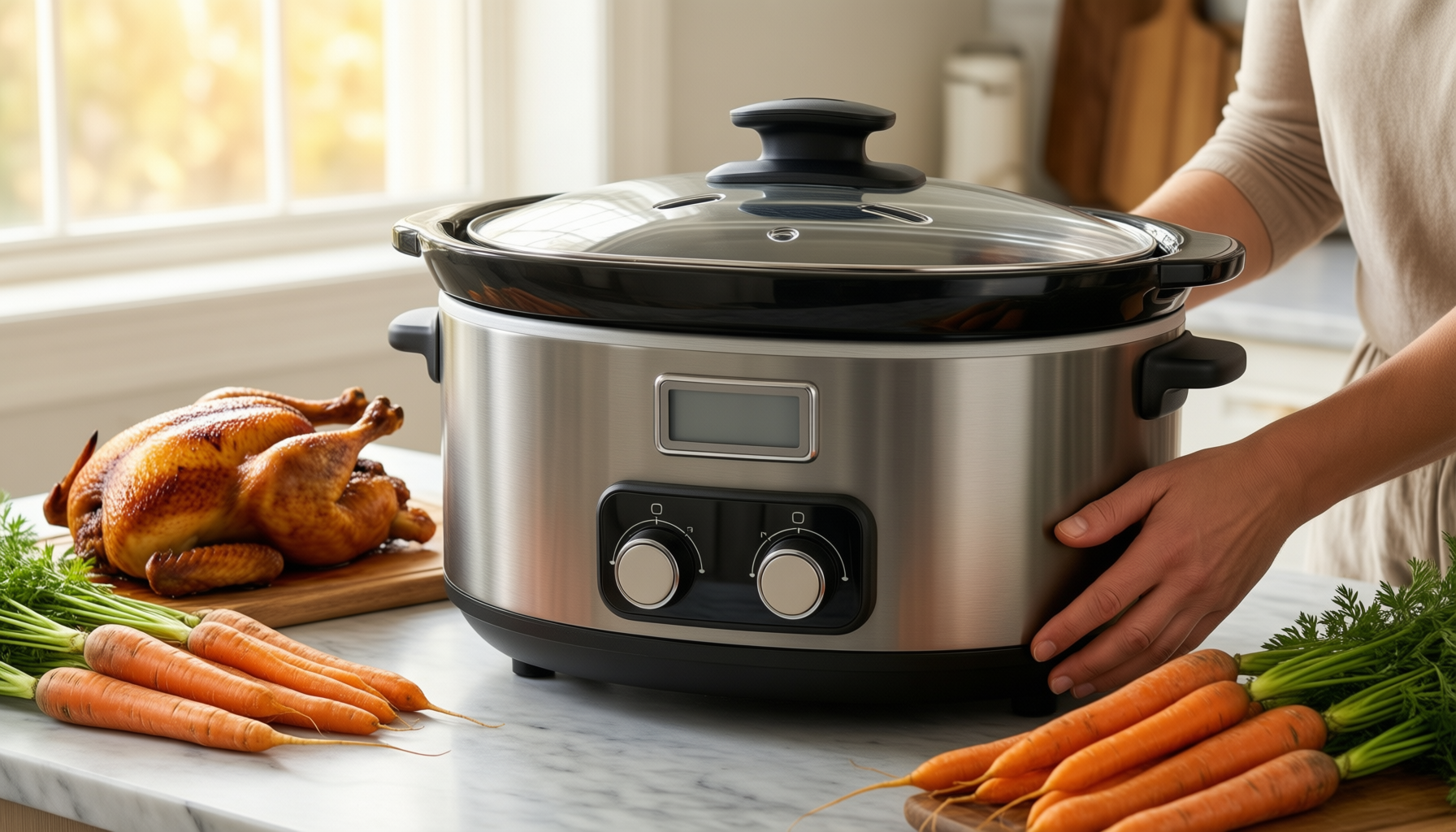 tower slow cooker 6.5 litre — lifestyle photo showing Tower Slow Cooker with in use