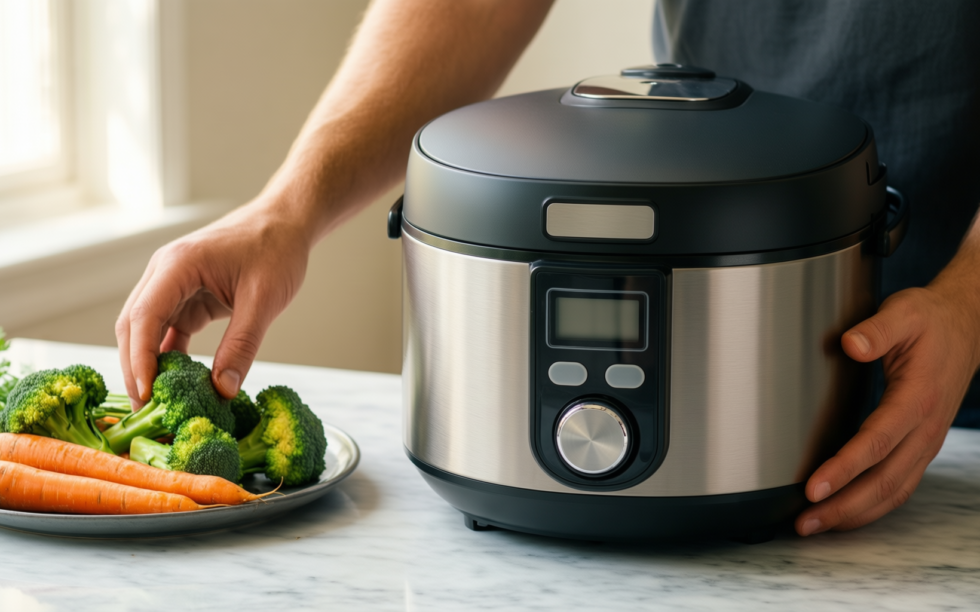 nutrichef portable rice cooker — lifestyle photo showing NutriChef Portable Electric Rice in use