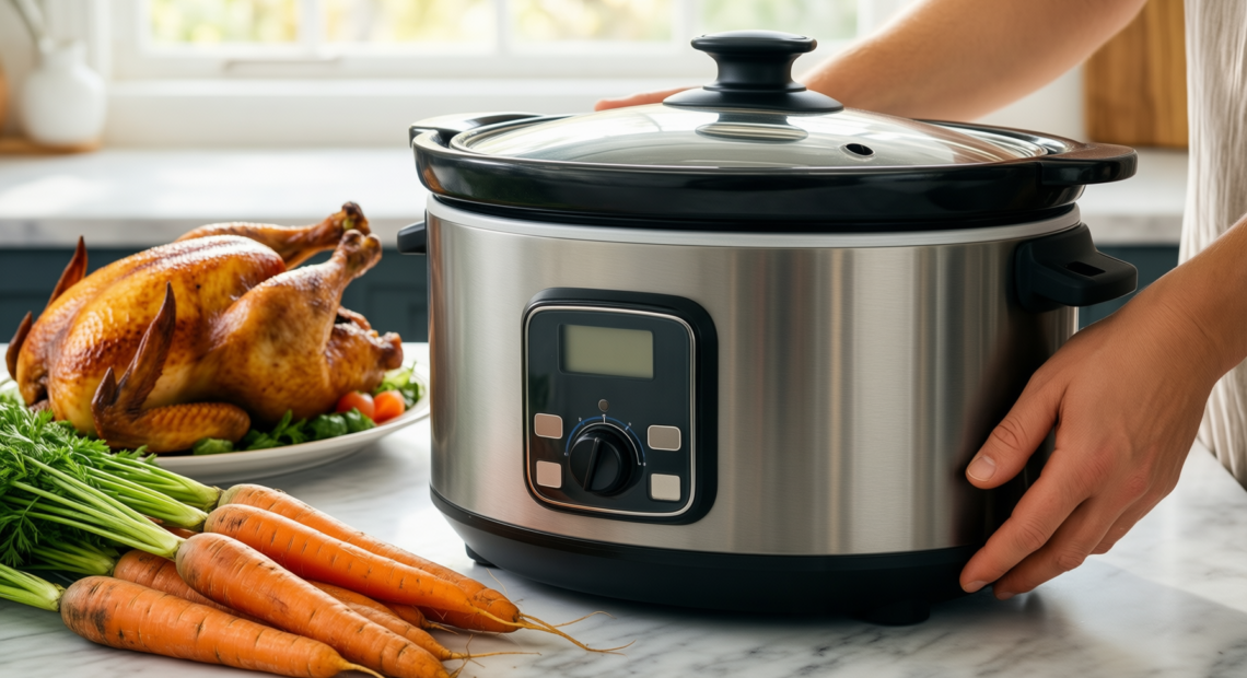 crockpockets 6 quart slow cooker dividers — lifestyle photo showing CROCKPOCKETS® 6-Quart Slow Cooker in use