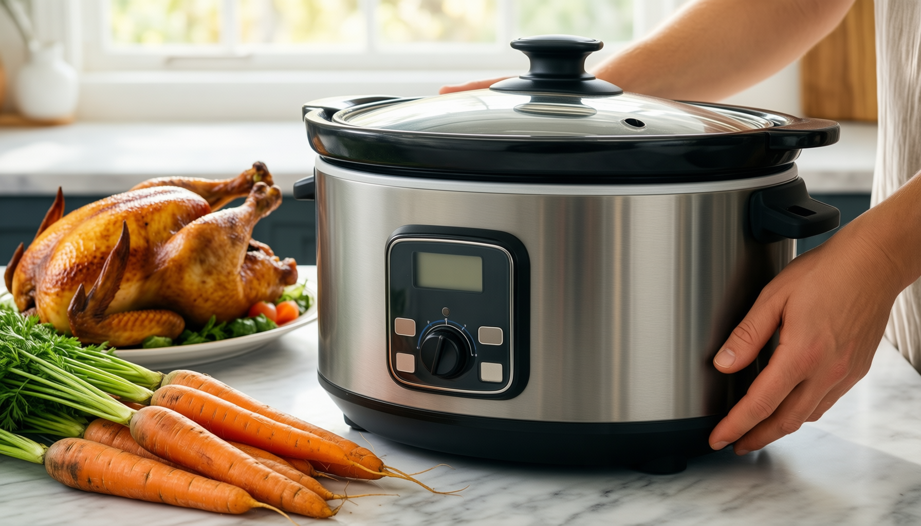 crockpockets 6 quart slow cooker dividers — lifestyle photo showing CROCKPOCKETS® 6-Quart Slow Cooker in use