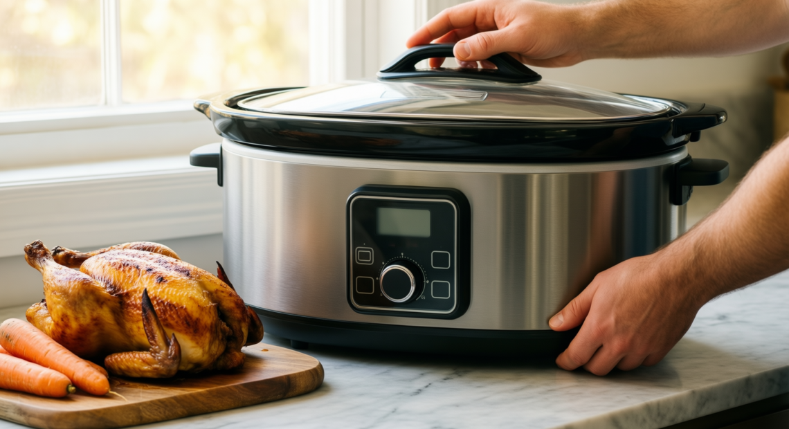 quest triple slow cooker — lifestyle photo showing Quest Triple Slow Cooker, in use