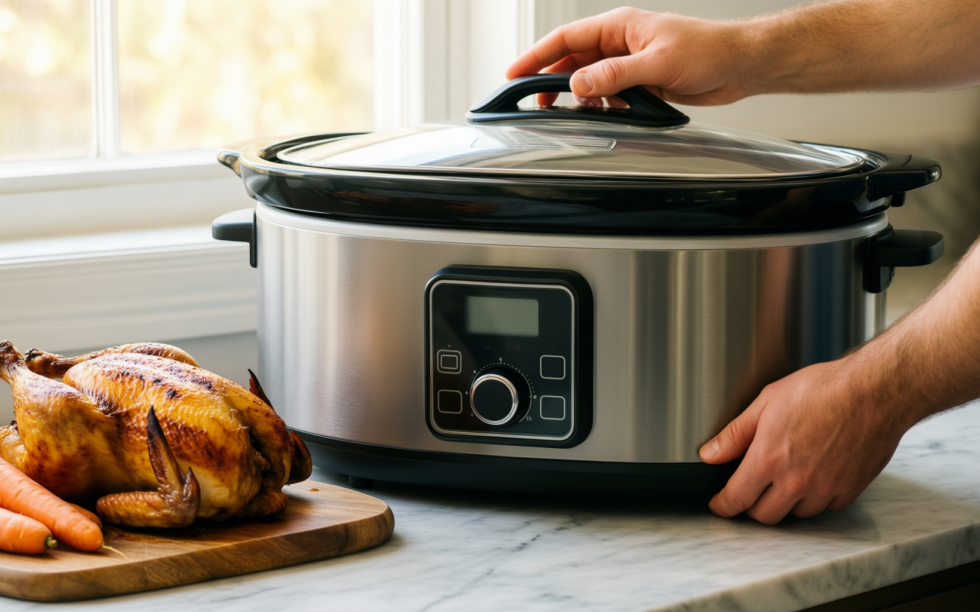 quest triple slow cooker — lifestyle photo showing Quest Triple Slow Cooker, in use