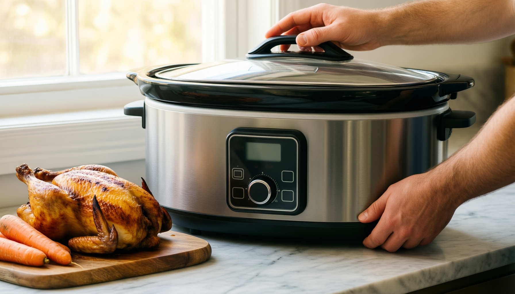 quest triple slow cooker — lifestyle photo showing Quest Triple Slow Cooker, in use