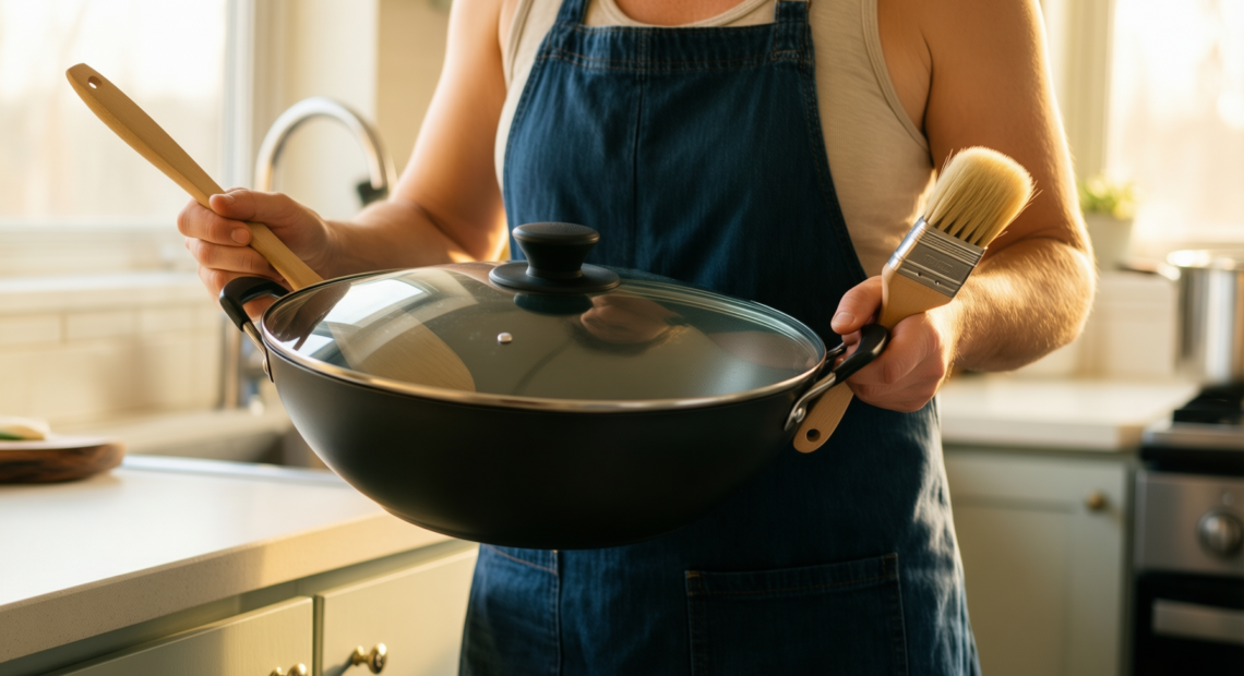 Joyce Chen 14 inch wok set — lifestyle photo showing Honey Can Do Joyce in use