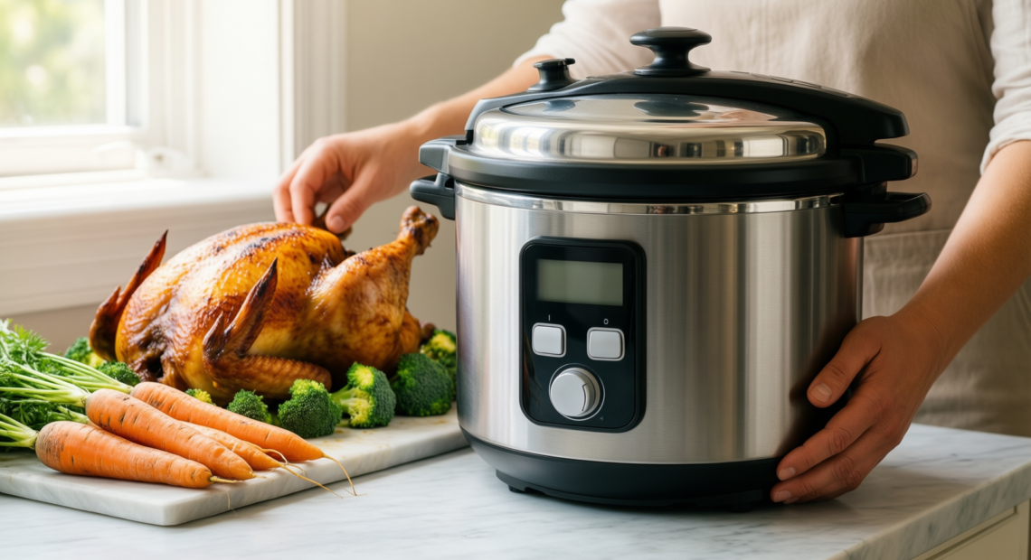 fissler pressure cooker 18/10 steel — lifestyle photo showing Fissler 602-410-04-000/0 Pressure Cooker, in use