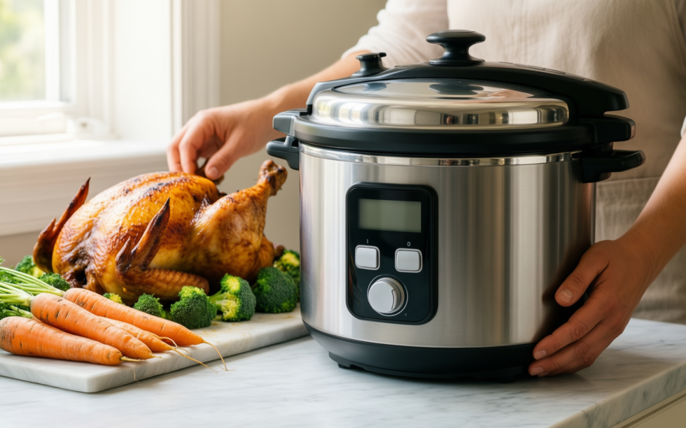 fissler pressure cooker 18/10 steel — lifestyle photo showing Fissler 602-410-04-000/0 Pressure Cooker, in use