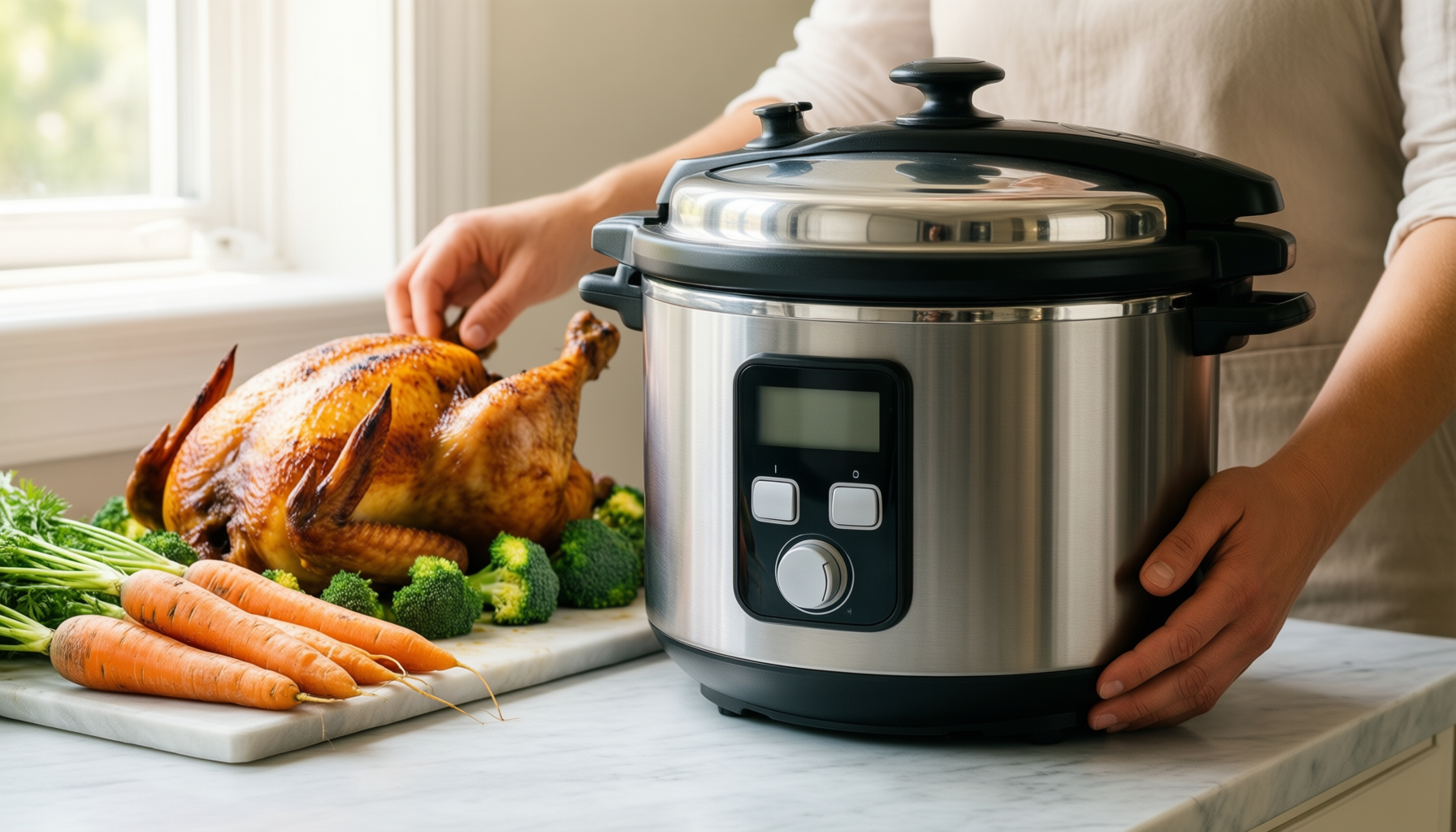 fissler pressure cooker 18/10 steel — lifestyle photo showing Fissler 602-410-04-000/0 Pressure Cooker, in use