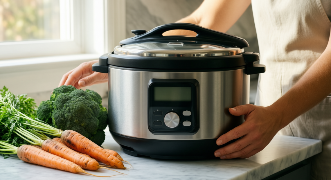 Hawkins Futura 4L pressure cooker — lifestyle photo showing Hawkins Futura Stainless Steel in use