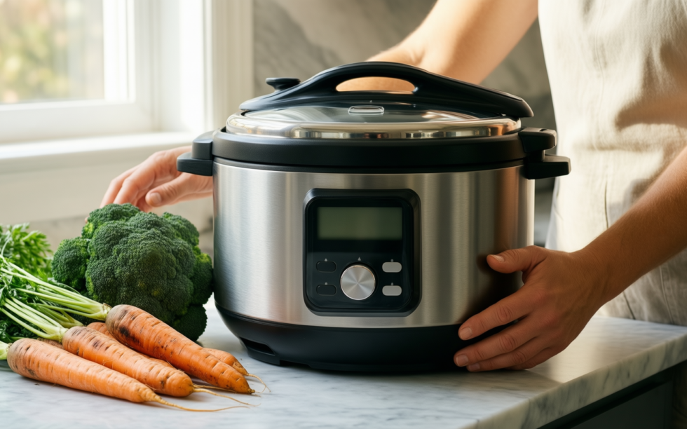 Hawkins Futura 4L pressure cooker — lifestyle photo showing Hawkins Futura Stainless Steel in use