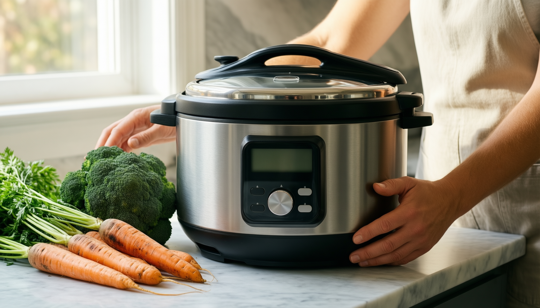Hawkins Futura 4L pressure cooker — lifestyle photo showing Hawkins Futura Stainless Steel in use
