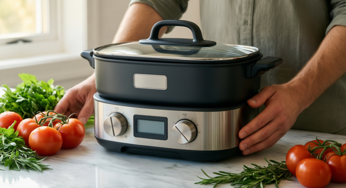 morphy richards saute and soup maker — lifestyle photo showing Morphy Richards 501027 Compact in use
