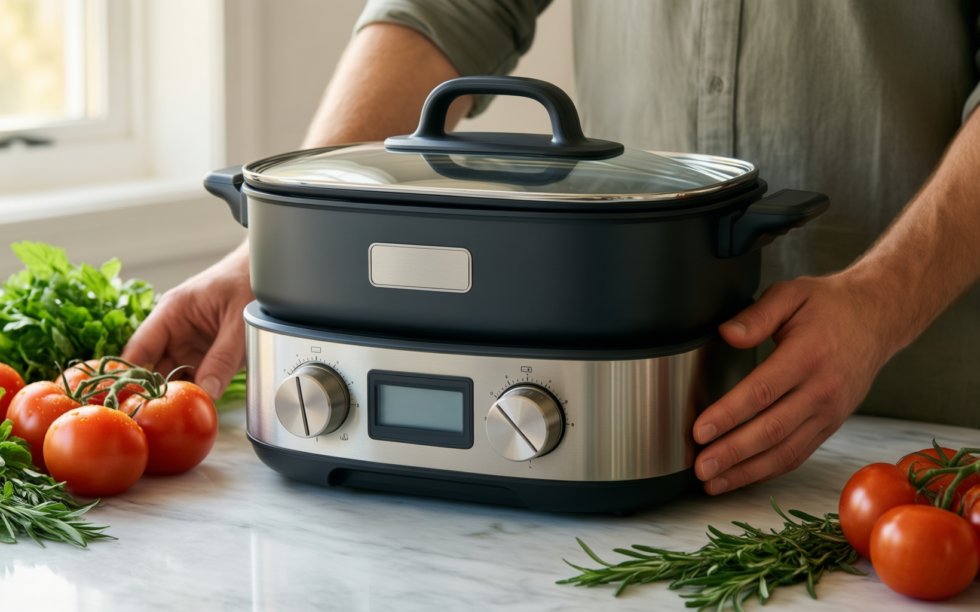 morphy richards saute and soup maker — lifestyle photo showing Morphy Richards 501027 Compact in use