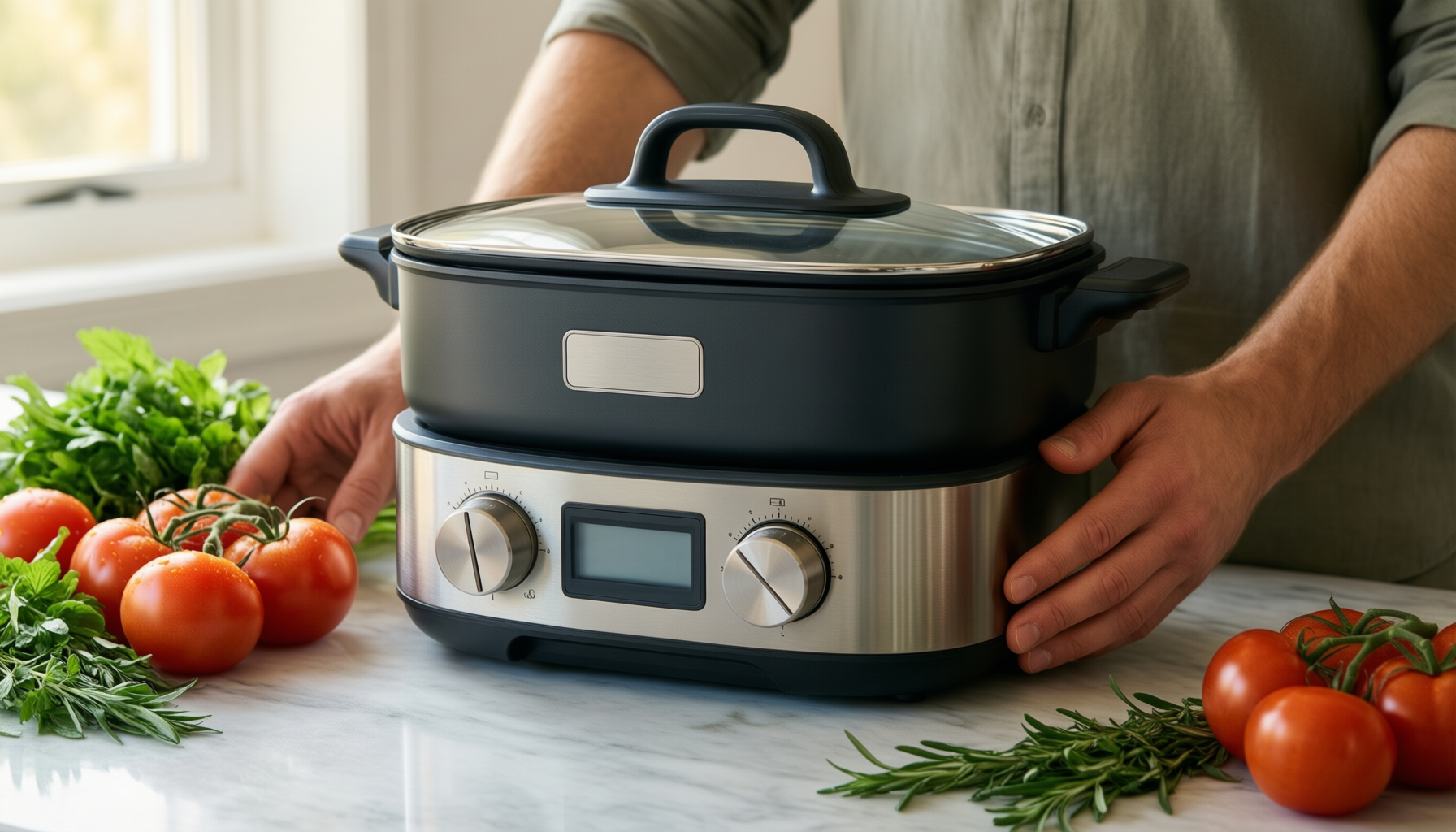 morphy richards saute and soup maker — lifestyle photo showing Morphy Richards 501027 Compact in use