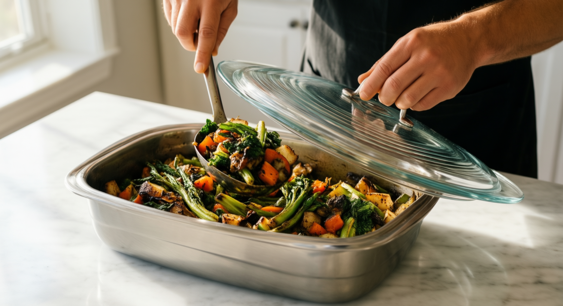 tefal comfort max casserole dish 24cm — lifestyle photo showing Tefal Comfort Max Stainless in use