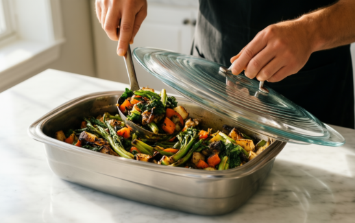 tefal comfort max casserole dish 24cm — lifestyle photo showing Tefal Comfort Max Stainless in use